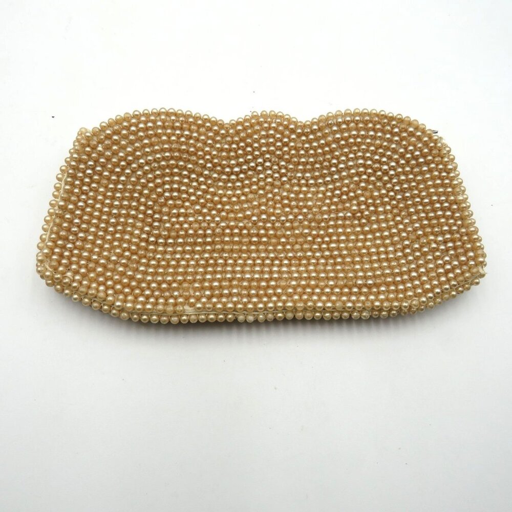 Vintage Imitation Pearl Beaded 6"‎ Coin Purse Zipper Closure Satin Lining